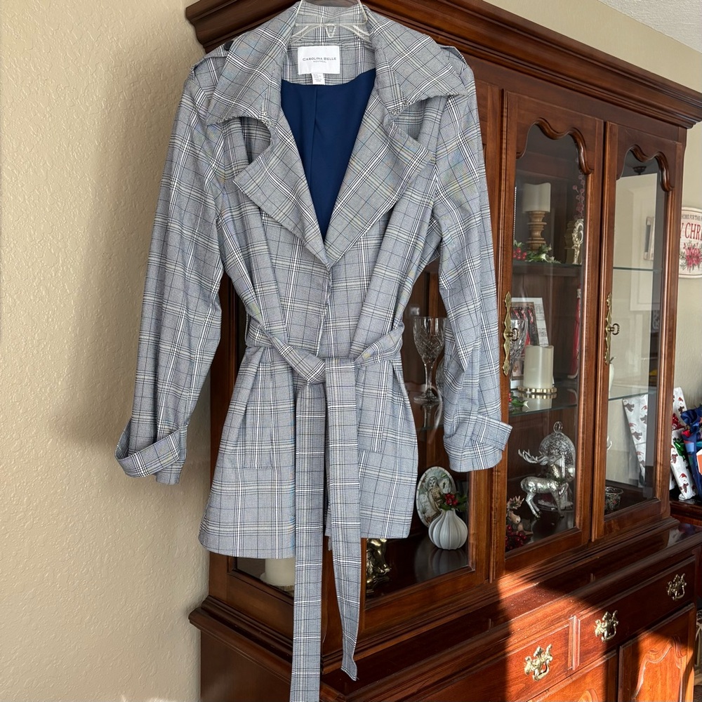Carolina Belle Montreal Blue Plaid Trench Coat/Jacket Tie Closure Size XL